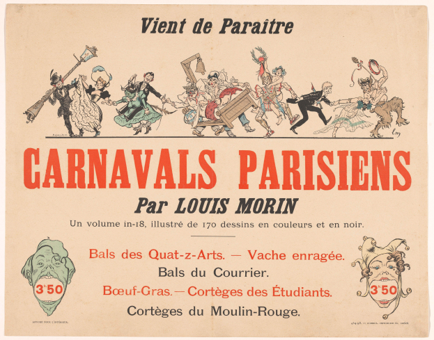 Ein Papier mit der Überschrift 'Carnivals Parisiens par Louis Morin' in fetter Schrift, das farbenfrohe, detailreiche Entwürfe von Menschen in bunten Kostümen und Masken bei einer lebhaften Karnevals Szenerie zeigt.