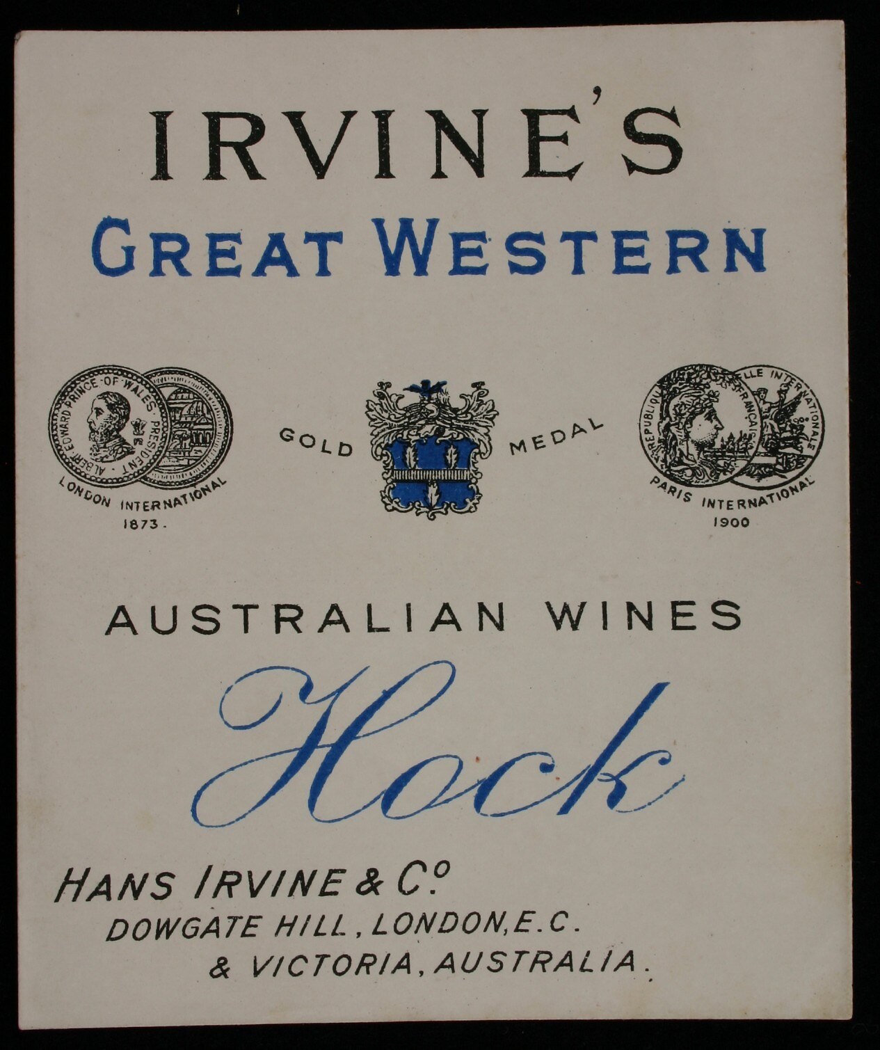 Plakatwerbung für Irvines Große Western Australian Wines Hock, das die Logos des Unternehmens und Text enthält, der verschiedene Weinarten anzeigt.