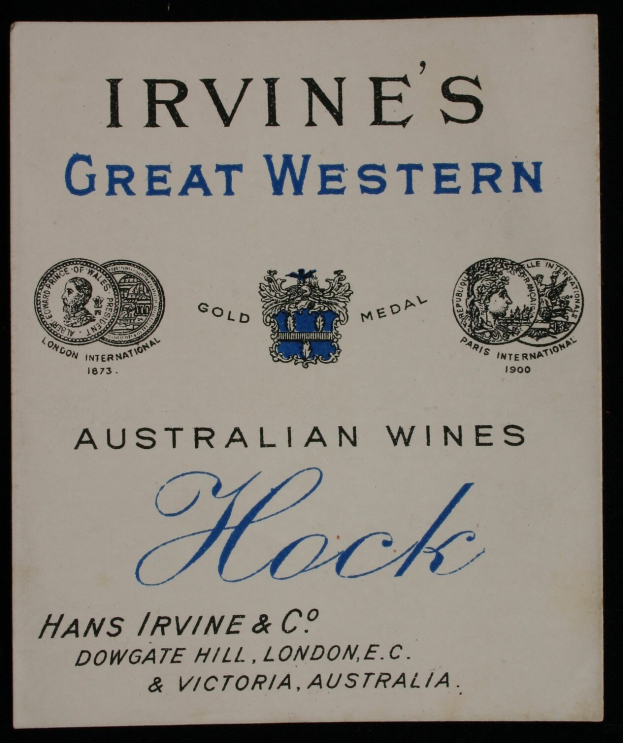 Plakatwerbung für Irvines Große Western Australian Wines Hock, das die Logos des Unternehmens und Text enthält, der verschiedene Weinarten anzeigt.