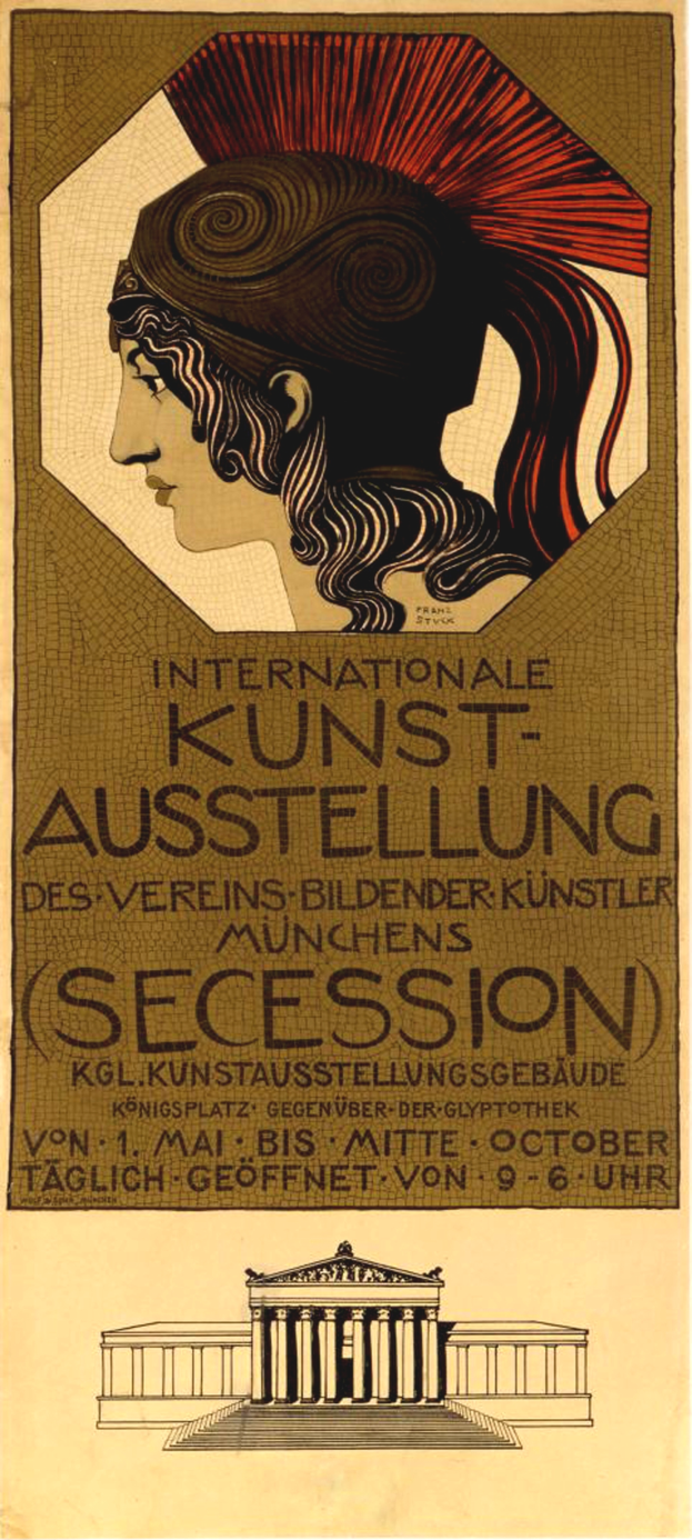 Plakat für die Internationale Kunstausstellung in München, Deutschland, mit einer Frau mit einem menschlichen Gesicht in der Mitte und Text mit Informationen zum Event.