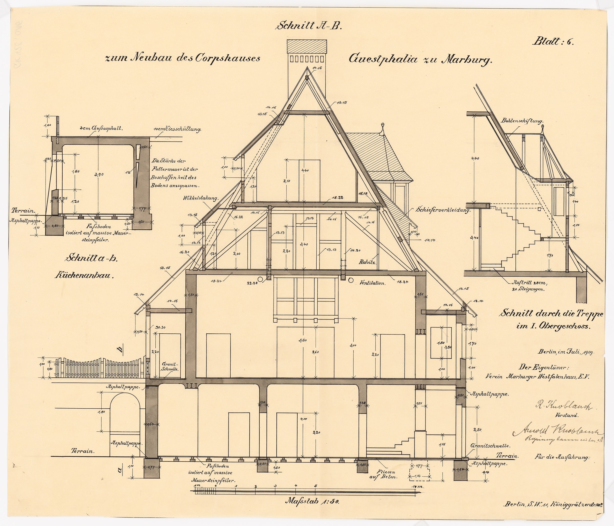 Schwarze und weiße architecturtechnische Zeichnung eines Hauses mit zahlreichen Fenstern und einem geneigten Dach, als erstes Haus in Deutschland bezeichnet, begleitet von detaillierten Strukturplänen und Text.
