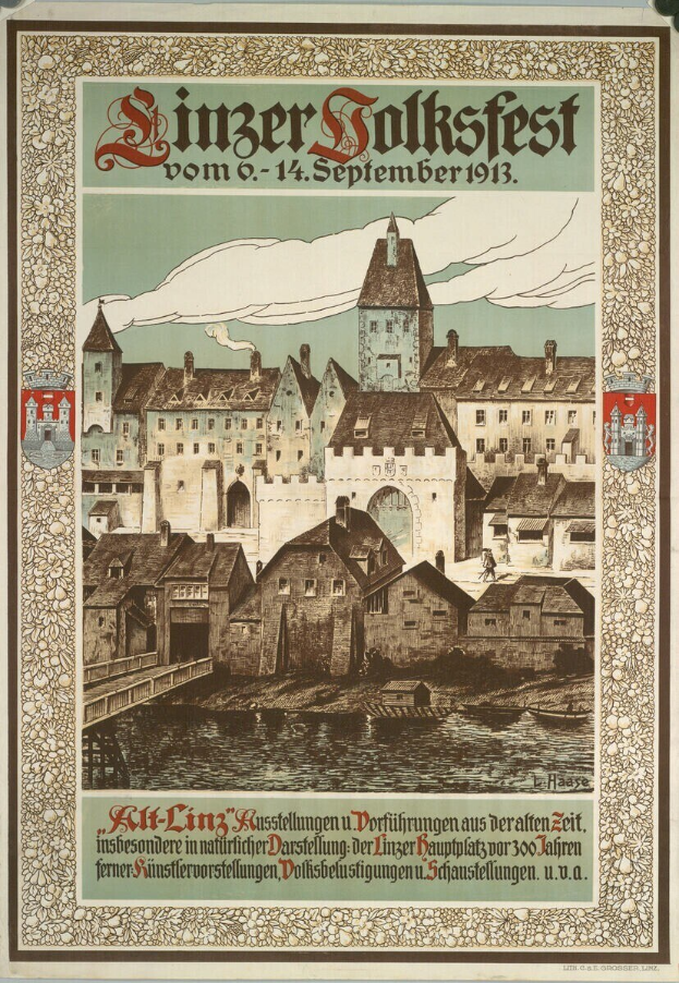 Altes deutsches Festivalplakat mit einer Burillustration umgeben von Häusern, das Text über das Ereignis enthält.