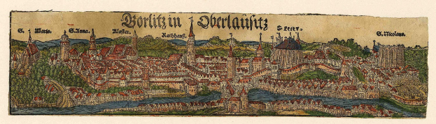 Alte Karte von Berlin, Deutschland, mit beschriftetem Text "Borlitz" oben, zeigt Gebäude, Bäume, Wasser und Berge im Hintergrund.