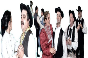 Ein Gemälde, das eine Gruppe tanzender Paare zeigt.