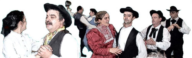 Ein Gemälde, das eine Gruppe tanzender Paare zeigt.