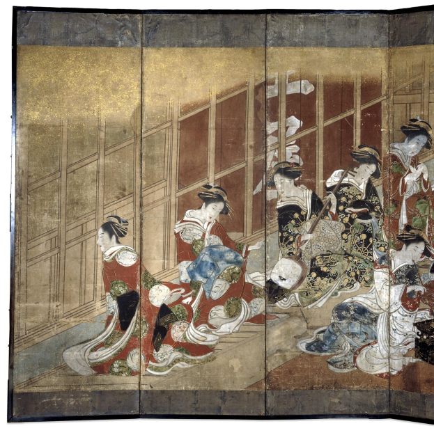 Ein japanisches Vier-Paneel-Bild aus der Meiji-Zeit, das einen Kreis von Frauen in leuchtenden Kimonos vor einem tiefblauen Hintergrund zeigt, wobei eine Frau in der Mitte ihre Arme ausbreitet.