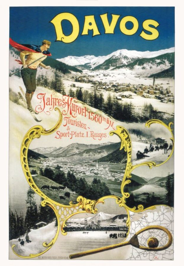 Ein Vintage-Plakat, das den Skiort Davos in der Schweiz bewirbt, zeigt einen Skifahrer im Vordergrund mit Bäumen, Häusern und Bergen im Hintergrund sowie begleitendem Text.