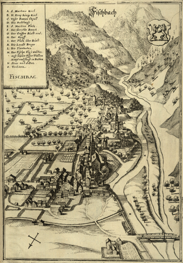 Ein altes Stadtplan von Fischbach, Deutschland, der Häuser, Bäume, Hügel, einen gewundenen Fluss und Text zeigt, der Informationen über die Stadt bereitstellt.