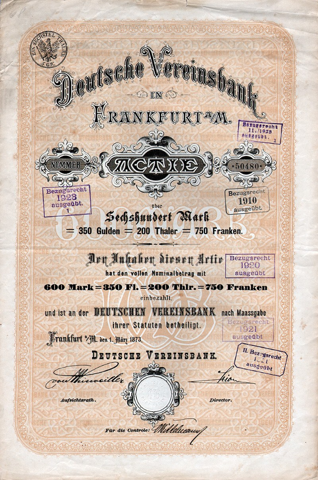 Altes deutsches Wertpapier der Deutschen Vereinsbank in Frankfurt auf Papier gedruckt mit Text.