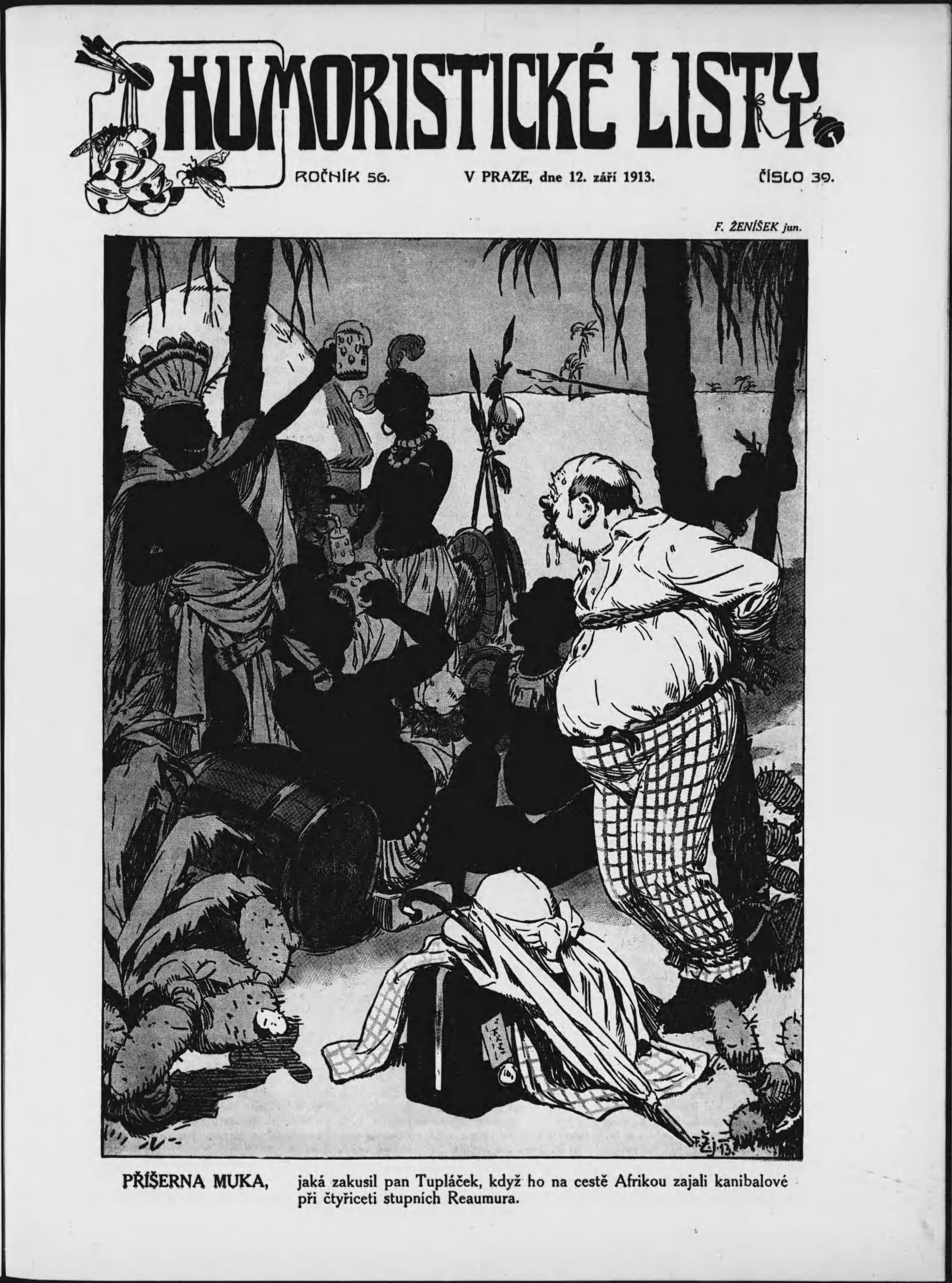 Ein Schwarz-Weiß-Cartoon von einer Gruppe von Menschen im Dschungel mit Bäumen im Hintergrund, mit Text oben und unten 'Humoristické Listy - V Praze, 12. April 1913'.