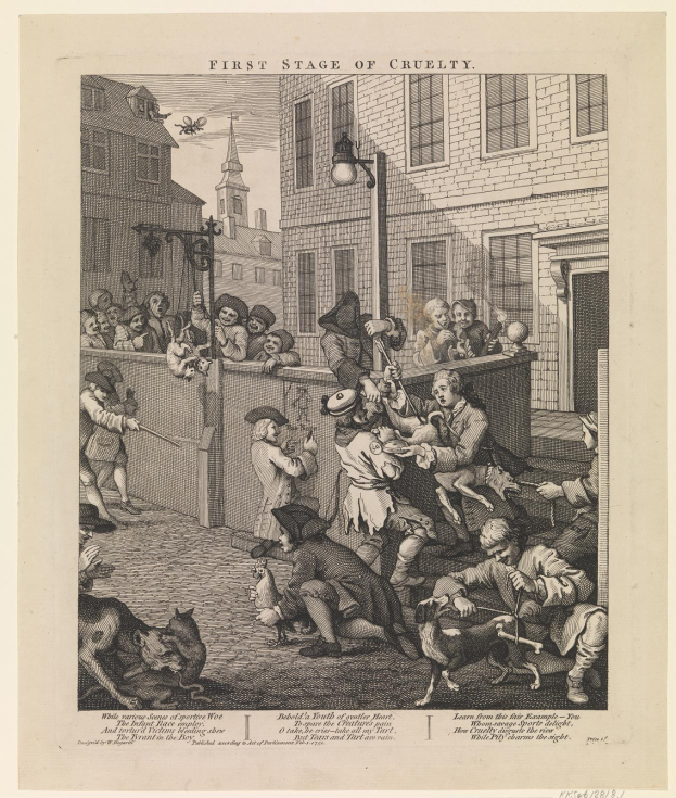 Eine Gruppe von Menschen und Tieren versammelt sich um ein Gebäude mit Fenstern und einer Laterne, mit einem Himmel im Hintergrund und dem Text "Erste Stufe der Grausamkeit" unten.