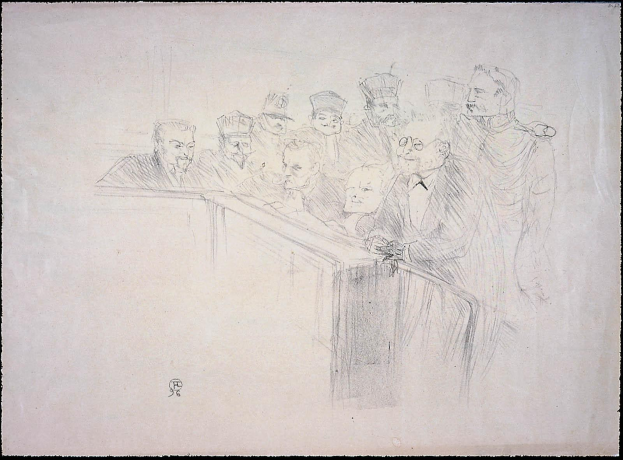 Schwarz-weiß-Zeichnung von Menschen, die an einem unordentlichen Tisch in einem Gerichtssaal sitzen, wobei einige ernst und andere besorgt aussehen.