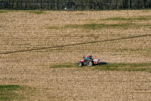 Eine Person fährt einen Traktor auf einem grasbewachsenen Feld mit Bäumen im Hintergrund.