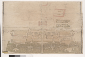 Ein detailliertes Stadtplanbild mit zahlreichen Gebäuden, darunter eine prägnante zentrale Struktur, begleitet von beschreibendem Text.