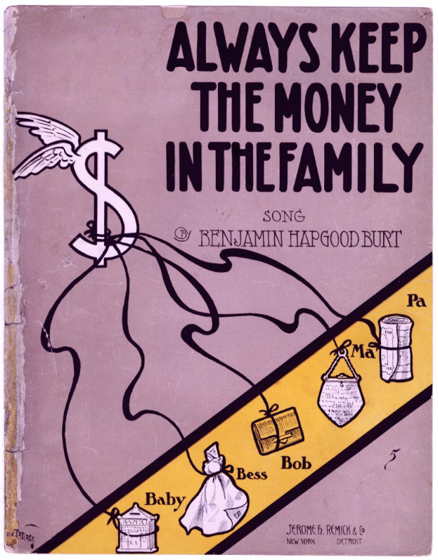 Ein Plakat mit fetter schwarzer Schrift, die "Immer das Geld in der Familie behalten" lautet, vor einem weißen Hintergrund, das eine farbenfrohe Illustration einer strahlenden Familie von vier (zwei Erwachsene und zwei Kinder) zeigt, die in einem Kreis unter einem hellblauen Himmel mit weißen Wolken stehen.
