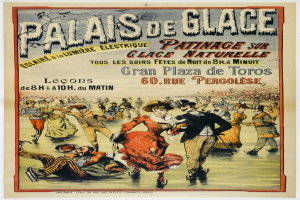 Ein Plakat, das eine Tanzveranstaltung im Palais de Glace in Paris ankündigt, zeigt eine Gruppe von Menschen in bunten Kostümen, die fröhlich tanzen, umgeben von Text.