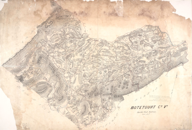 Ein detaillierter alter Stadtplan von Botetourt, der Straßen, Gebäude und Sehenswürdigkeiten zeigt, mit zusätzlichem Text über die Bevölkerung, Straßen und bemerkenswerte Merkmale.