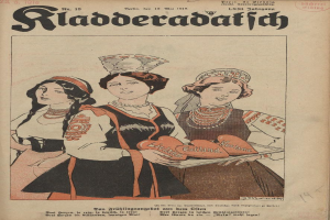 Ein altes Buchcover mit drei Frauen in traditioneller bayerischer Tracht, wobei eine ein Tablett mit einem herzförmigen Objekt hält, betitelt mit "Riaderadatich, September 1918".