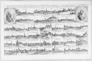 Eine Schwarz-Weiß-Zeichnung von Köln, Deutschland, mit zahlreichen Gebäuden, begleitet von Text und zusätzlichen Bildern, die die Geschichte der Stadt darlegen.