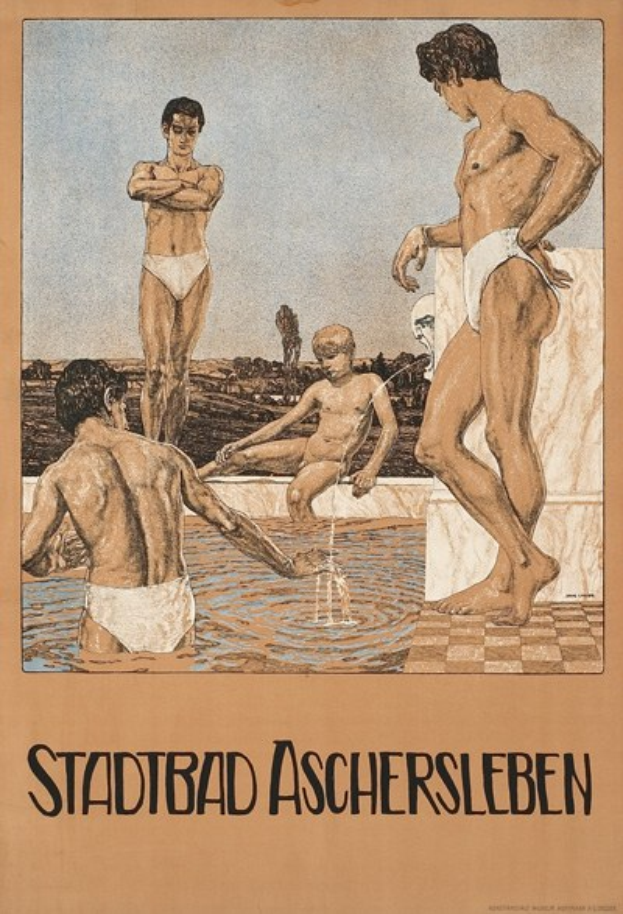 Plakat für ein Schwimmbad in Aschersleben, Deutschland, das Menschen im Wasser und Text über die Pool-Anlagen zeigt.