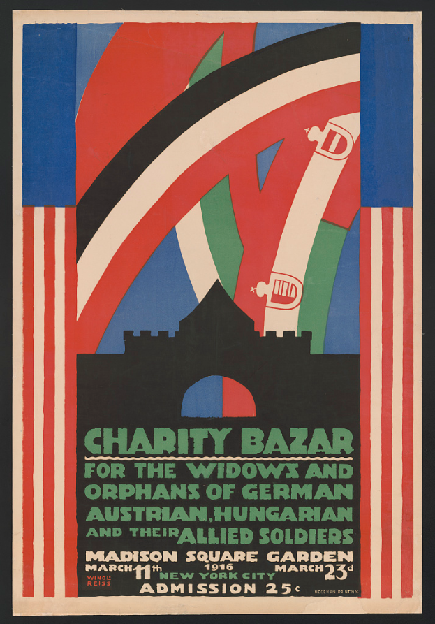 Plakat für einen Wohltätigkeitsbasar zugunsten der Witwen und Waisen von Soldaten verschiedener Nationen, mit Text zu den Veranstaltungdetails.