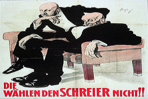 Ein deutscher Propagandaplakat für die Nazi-Partei, das zwei Männer auf einem Sofa sitzend zeigt, mit Textinformationen zur Partei.