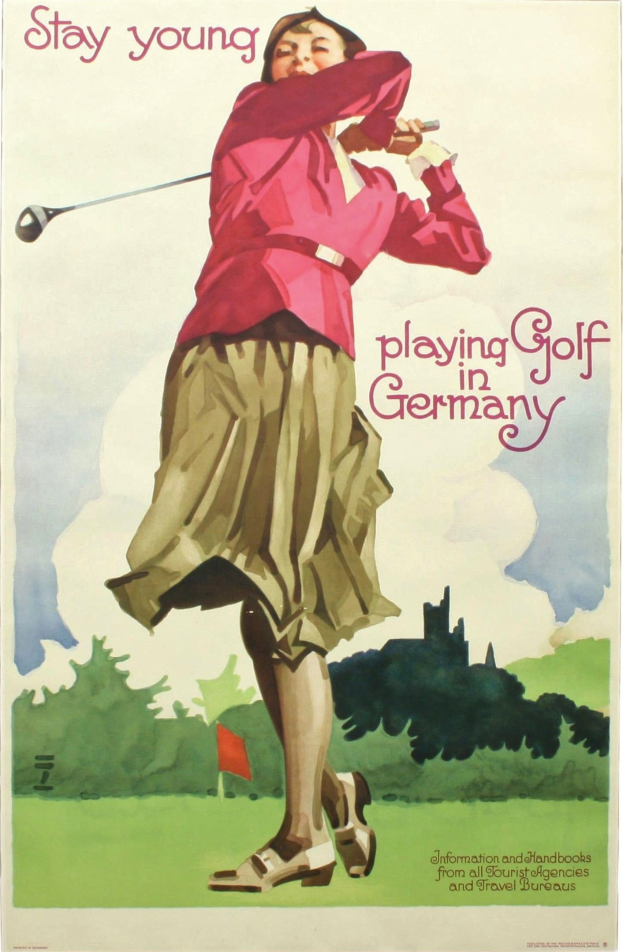 Ein Plakat, das eine Frau mit einem Golfschläger auf einem Golfplatz in Deutschland zeigt, mit einer Fahne und Bäumen im Hintergrund und Text, der Informationen über den Golfplatz enthält.
