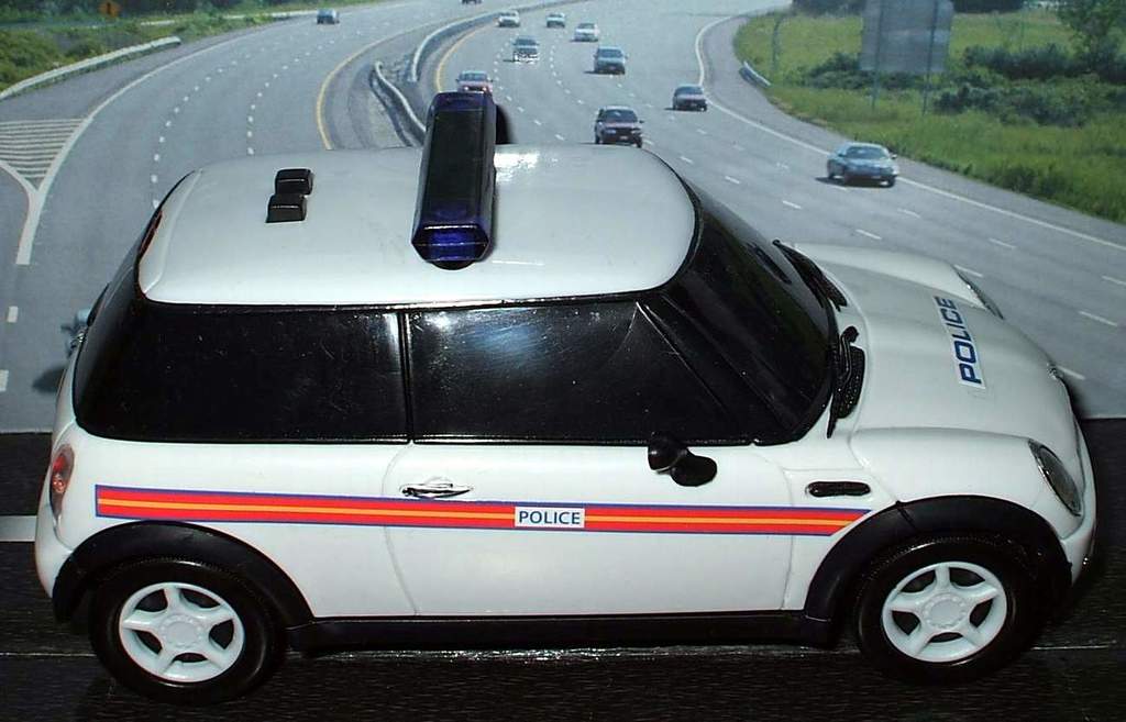 Ein weißer Polizeiwagen ist im Vordergrund geparkt, mit mehreren Autos, die sich auf der Straße dahinter bewegen, umgeben von Gras und Bäumen auf beiden Seiten in einer ländlichen Umgebung.