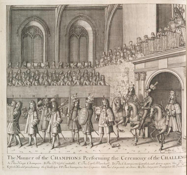Eine Zeichnung einer Gruppe von Menschen, einige zu Pferd, vor einer Menge und einem Gebäude, mit dem Text "Die Art und Weise, wie die Champions die Zeremonie des Herausforderungsrituals durchführen" unten.