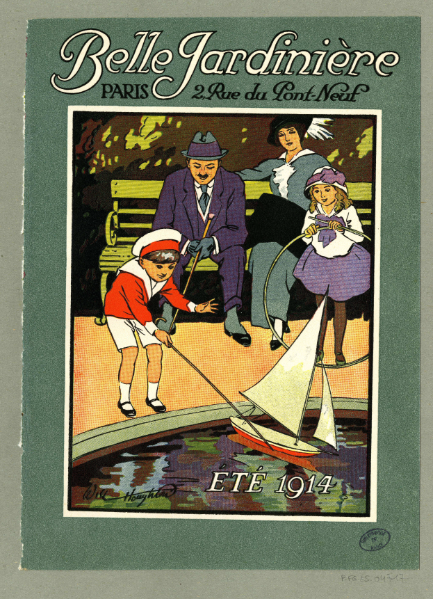 Ein Buchumschlag mit einer Familie von vier auf einer Bank mit einem Boot im Wasser, betitelt "Belle Jardiniere Paris".