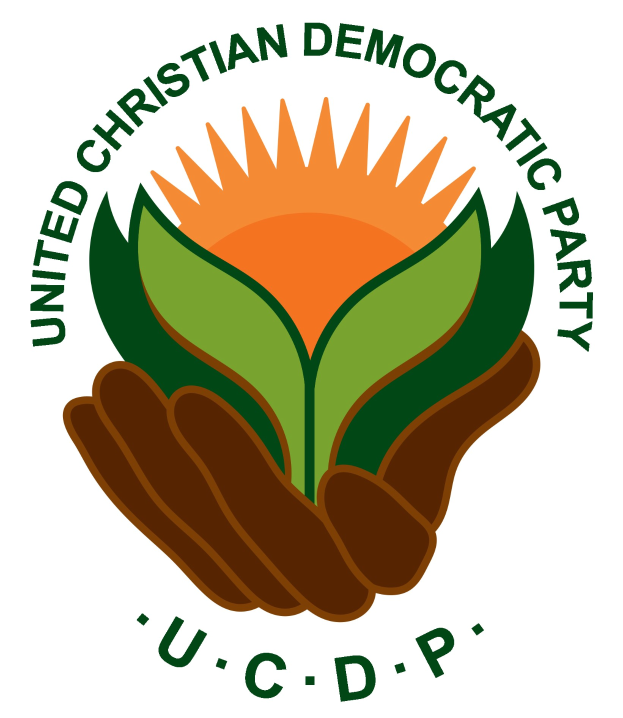 Logo der Vereinigten Christdemokraten (UCDP): eine Hand, die eine leuchtend gelbe Blume mit grünem Stiel und Blättern hält, mittig in einem blauen und gelben Kreis auf einem weißen Hintergrund, mit der schwarzen Schrift "UCDP" darunter.