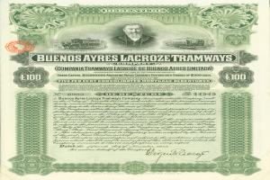 Ein altes Aktienzertifikat mit einem ernst dreinblickenden Mann in Anzug und Krawatte, umgeben von Text und Zahlen, mit dem prominenten Unternehmensnamen 'Buenos Ayres Lacroze Tramways Company'