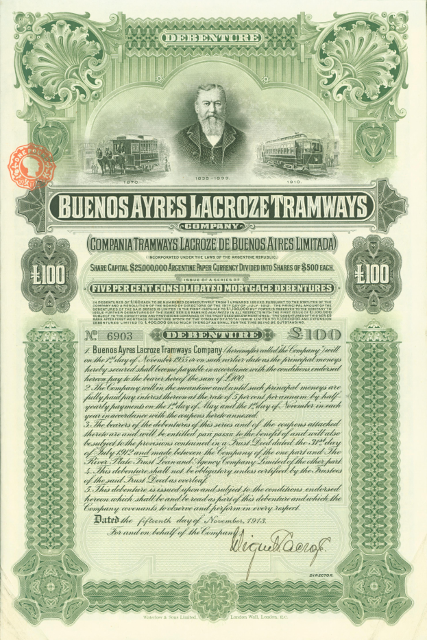 Ein altes Aktienzertifikat mit einem ernst dreinblickenden Mann in Anzug und Krawatte, umgeben von Text und Zahlen, mit dem prominenten Unternehmensnamen 'Buenos Ayres Lacroze Tramways Company'
